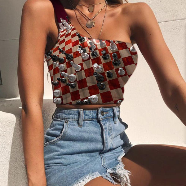Geometric Tank Tops Women Psychedelic Tees Graphic Vortex Sleeveless Shirt International Chess One Shoulder Crop - KYKU