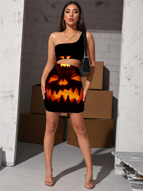 
Halloween Dress Women Pumpkin Vestido Sexy Funny Halter Sleeveless Party Pleating
                