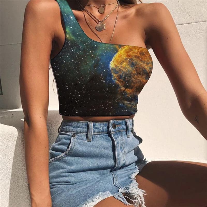 Galaxy Tank Tops Women Space Tees Graphic Universe Sleeveless Shirt Colorful Midriff T shirt