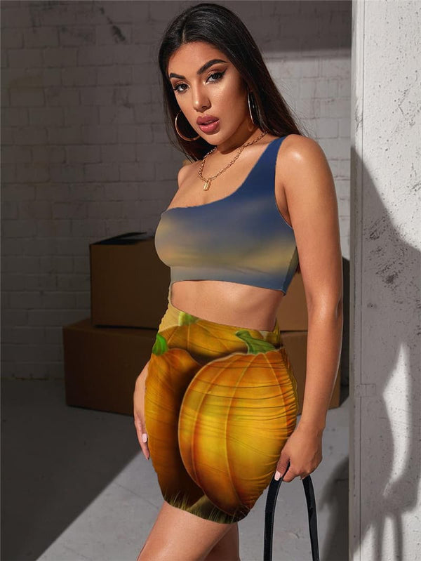 
Pumpkin Dresses Women Halloween Vestido Sexy Moon Pleating Harajuku Halter Sleeveless
                