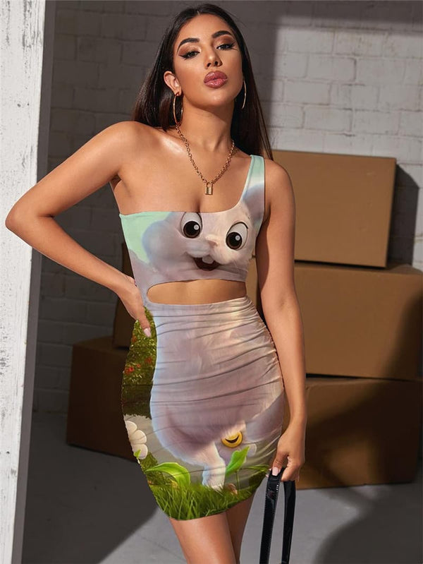 Animal Dresses Women Rabbit Halter Sleeveless Flower Vestido Sexy Lovely Bodycon Dress