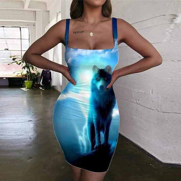 Wolf Dress Women Animal Halter Sleeveless Anime Sundress Lightning Bodycon Dress Cloud Vestido Sexy - KYKU