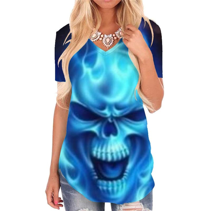 Skull T Shirt Women Punk T-shirts 3d Blue V-neck Tshirt Flame Tshirts Printed