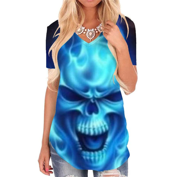 Skull T Shirt Women Punk T-shirts 3d Blue V-neck Tshirt Flame Tshirts Printed