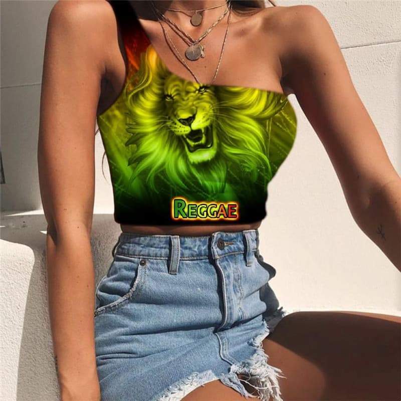 Lion Vest Tops Women Animal Sleeveless Shirt Anime One Shoulder Crop Colorful Midriff T shirt Green Tees Graphic - KYKU