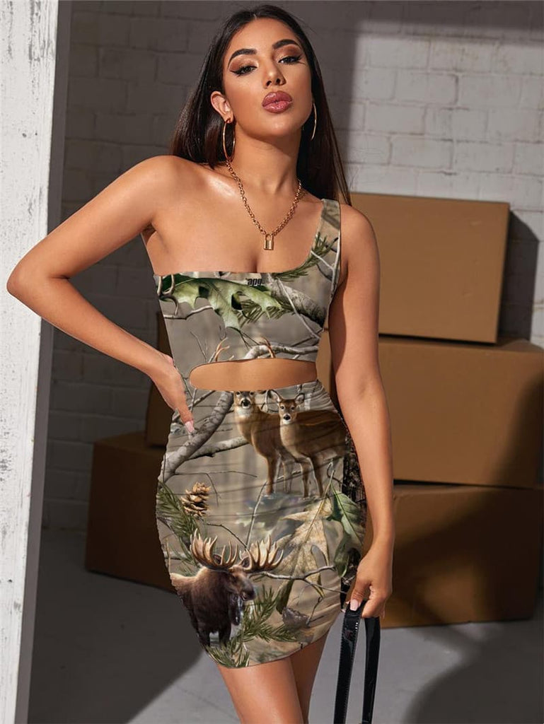 Animal Dress Women Deer Halter Sleeveless Bear Hollow out Dresses Forest Pleating