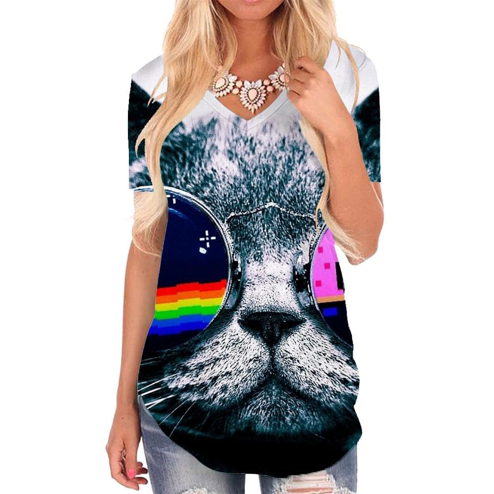 Cat T Shirt Women Animal V-neck Tshirt Rainbow Shirt Print Harajuku T-shirts 3d
