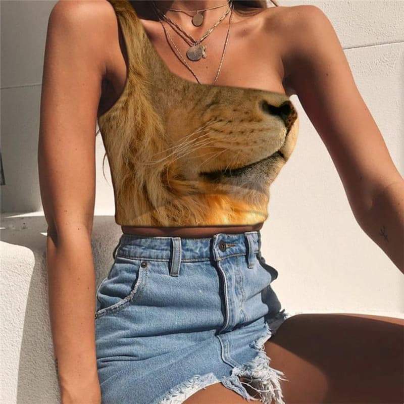 Lion Tank Tops Women Animal One Shoulder Crop Anime Sleeveless Shirt Harajuku Tees Graphic Anime Midriff T shirt - KYKU
