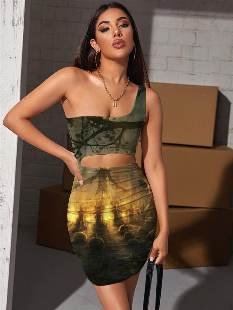 Halloween Dress Women Pumpkin 3d Print Bat Hollow out Dresses Tree Vestido Sexy