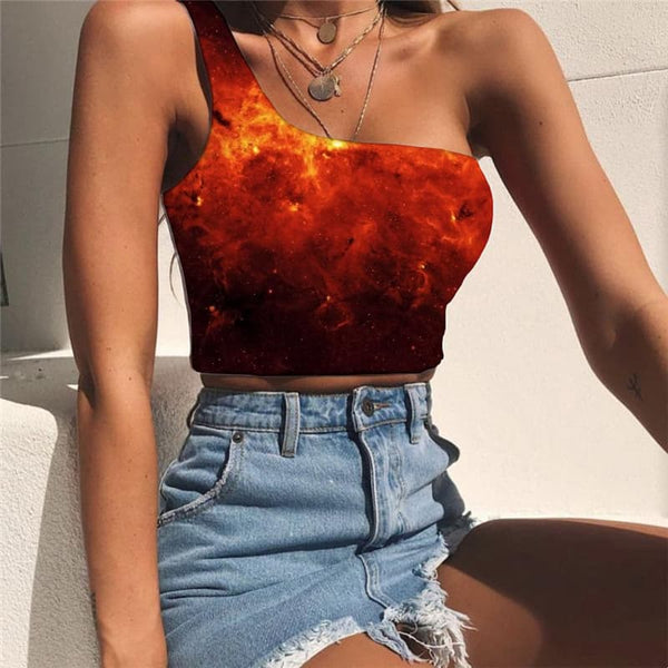 Galaxy Tank Tops Women Space One Shoulder Crop Universe Midriff T shirt Flame Sleeveless Shirt Red Tees Graphic