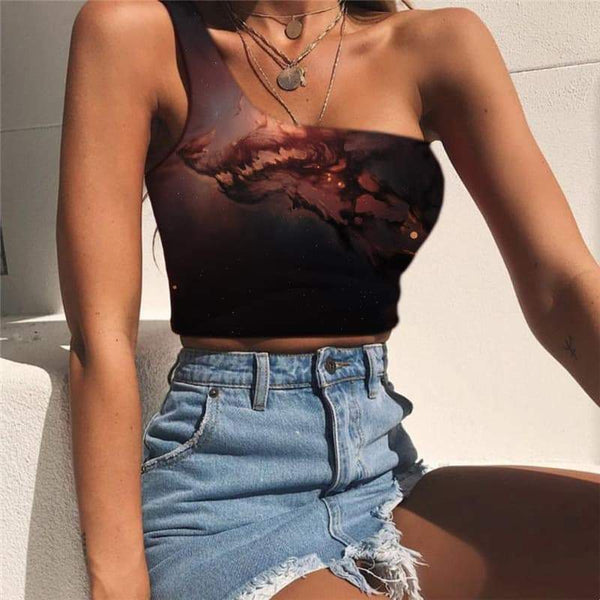 Wolf Vest Tops Women Animal Tees Graphic Anime Midriff T shirt Galaxy Sleeveless Shirt Nebula One Shoulder Crop - KYKU