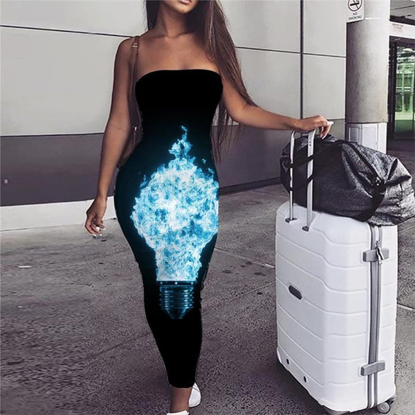 Flame Dress Women Light Bulb Ladies Dresses Black Bodycon Dress Womens Clothing