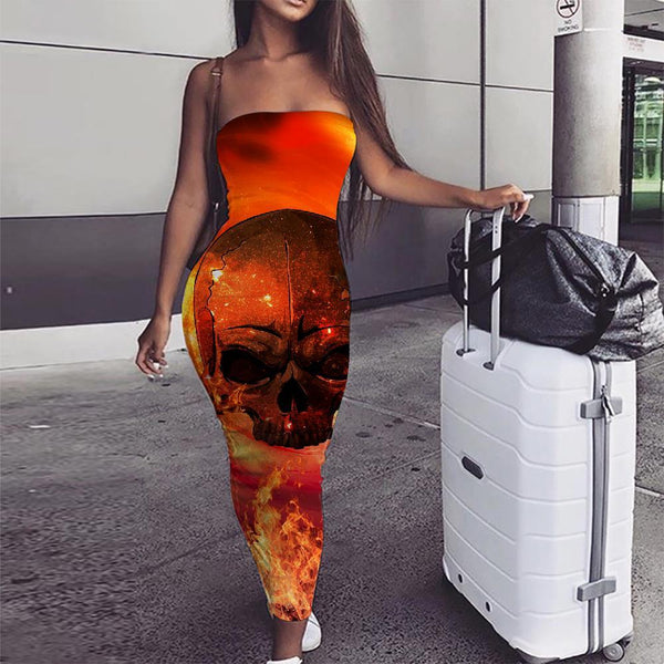 Skull Dress Women Punk Ladies Dresses Flame sleeveless Red Sundress - KYKU