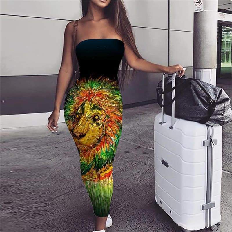 Lion Dress Women Animal Vestido Sexy Anime sleeveless Colorful Bodycon Dress Painting Sundress - KYKU