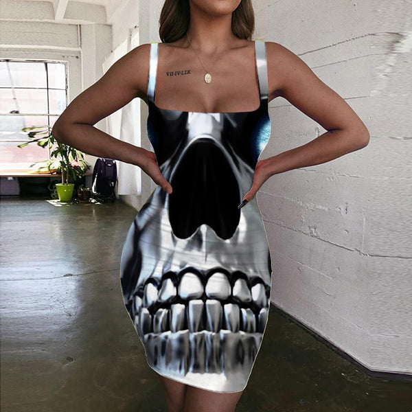 Skull Dress Women Punk 3d Print Metal Sundress Robot Bodycon Dress - KYKU