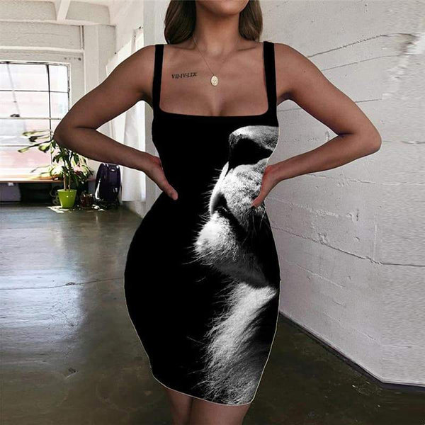Lion Dress Women Animal 3d Print Anime Bodycon Dress Black Halter Sleeveless Harajuku Ladies Dresses - KYKU