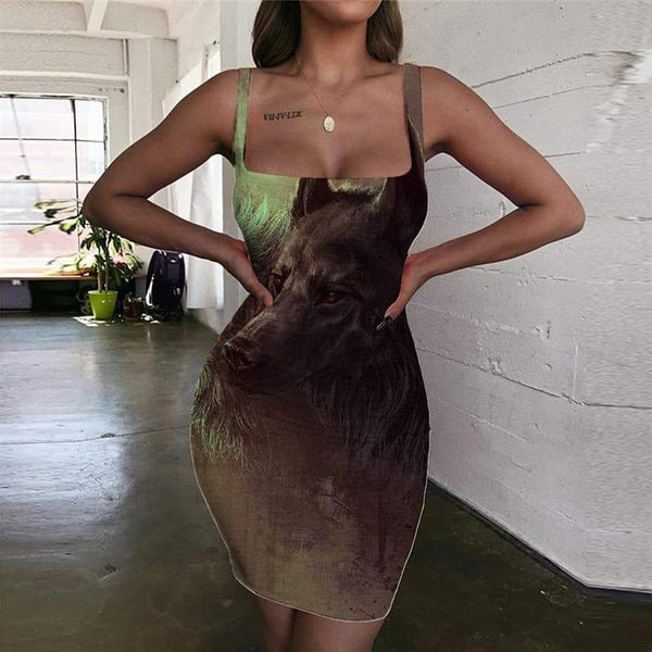 Wolf Dresses Women Animal Halter Sleeveless Anime Sundress Love Bodycon Dress Lovers 3d Print - KYKU