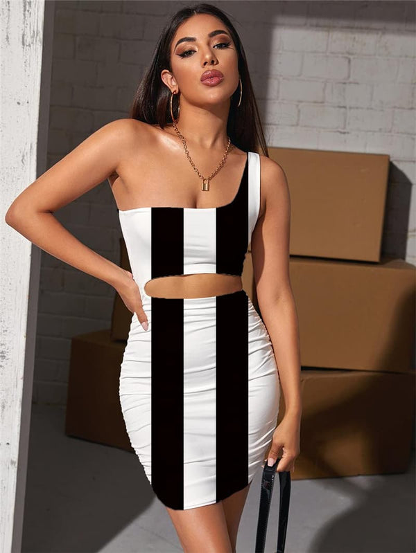 Dizziness Dress Women Stripe Bodycon Dress Black And White Hollow out Dresses Harajuku 3d Print
