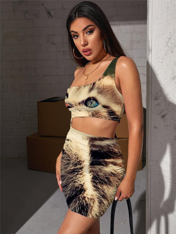 
Cat Dress Women Animal Vestido Sexy Love 3d Print Harajuku Halter Sleeveless
                