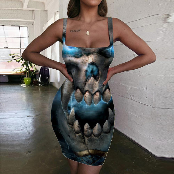 
Skull Dresses Women Punk Sundress Beast 3d Print Blue Bodycon Dress Angle Halter Sleeveless - KYKU
                