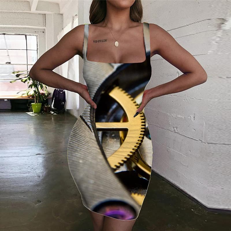 Metal Dresses Women Engine Ladies Dresses Gear Halter Sleeveless Harajuku 3d Print