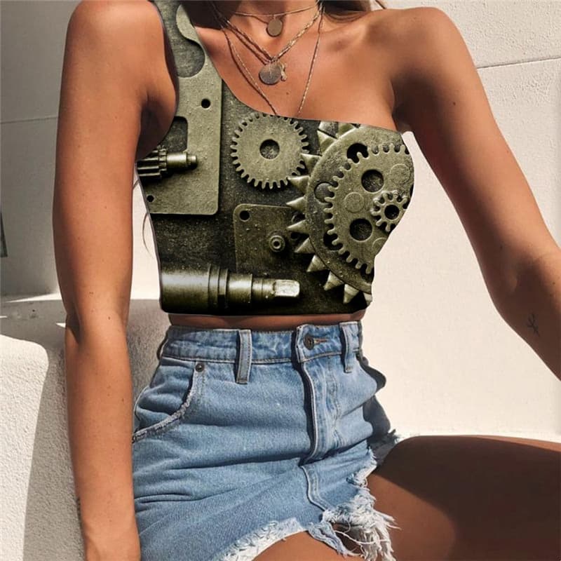 Metal Vest Tops Women Engine Tees Graphic Gear Midriff T shirt Hip Hop One Shoulder Crop