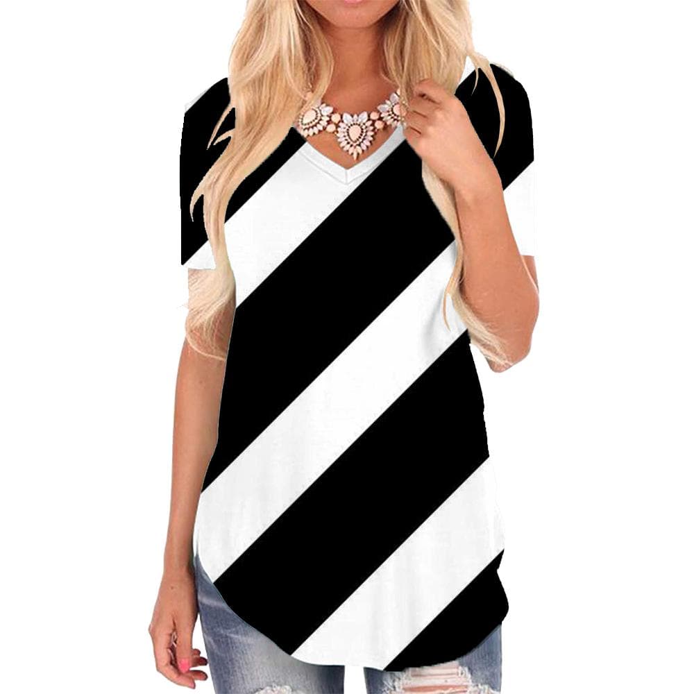 Black And White T Shirt Women Stripe V-neck Tshirt Abstract Shirt Print Harajuku T-shirts 3d