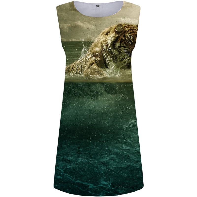Tiger Dress Women Animal 3d Print Fish Short Water Sundress War Tank Womens Clothing Vintage