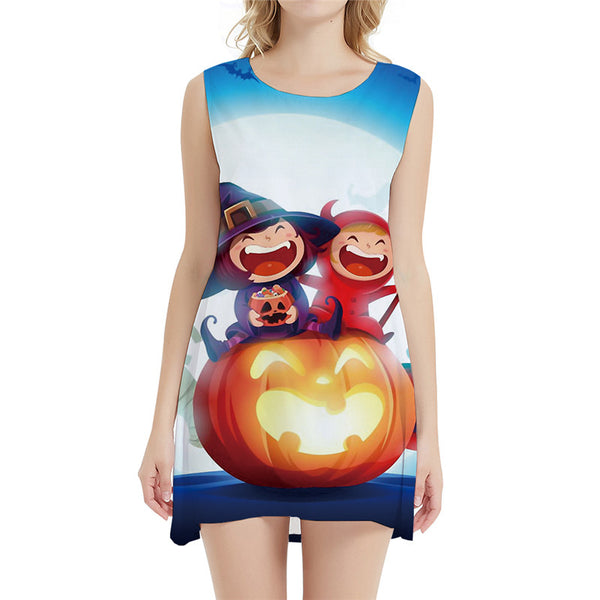 Halloween Dress Women Pumpkin Tank Cartoon Short Moon Vestido Sexy Happy 3d Print Womens Clothing Vintage