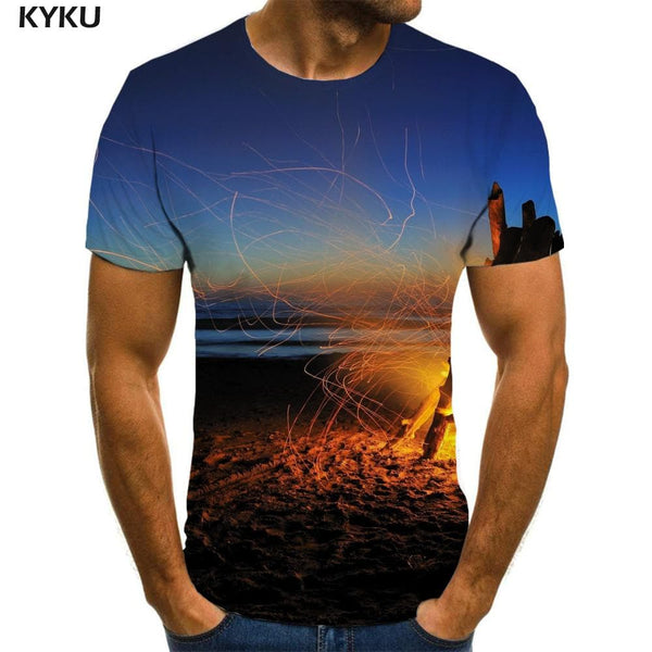 Flame T-shirt Men Landscape Anime Clothes Harajuku Tshirts Casual Sea T-shirts 3d