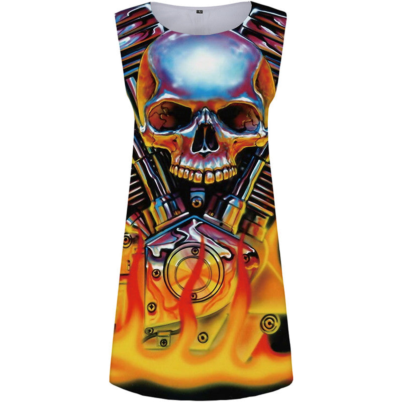 Skull Dress Women Metal Short Flame Korean Style Mechanical Ladies Dresses Motorcycle Sundress Womens Clothing Casual