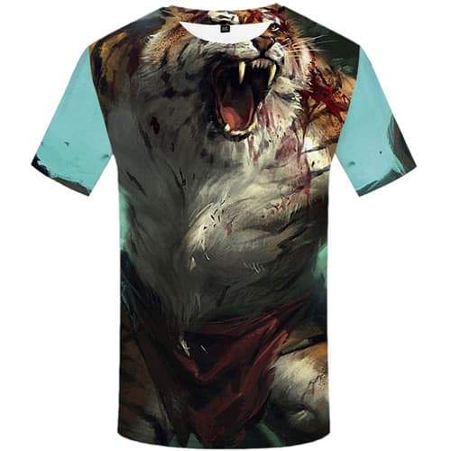 Tiger T-shirt Men War Shirt Print Animal Tshirts Cool Blood Tshirts Casual Gothic Tshirt Printed Short Sleeve Full Print Mens - KYKU