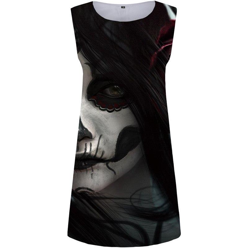 Skull Dress Women Graffiti Short Black Vestido Sexy Cosplay Tank Gothic Boho Womens Clothing Summer