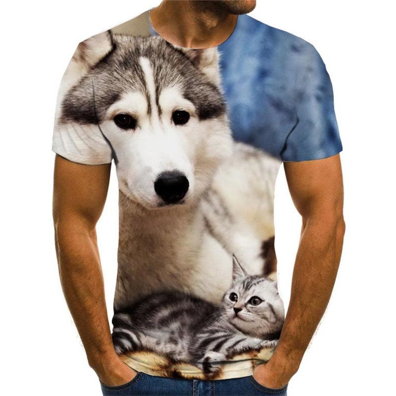 shirt animal docile pets Print clothes art costume Cool men cat and dog