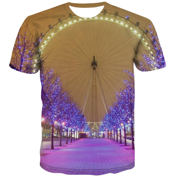 
Ferris wheel street view purple lights t shirts Funny 3D t shirt festival Casual men Christmas art costume
                