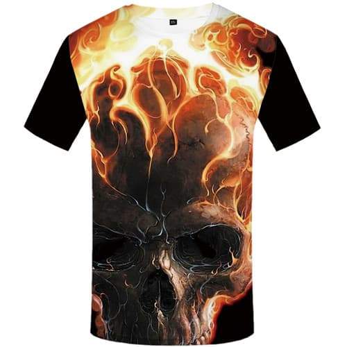 Skull T-shirt Men Flame Tshirts Cool Punk Rock Tshirt Printed Gothic Shirt Print Short Sleeve Hip hop Men/women Tops Slim Rock - KYKU
