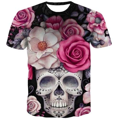Flower T shirts Men Skull Tshirts Casual Black T-shirts Graphic Gothic Shirt Print Short Sleeve Punk Rock Men Tee Top Slim - KYKU