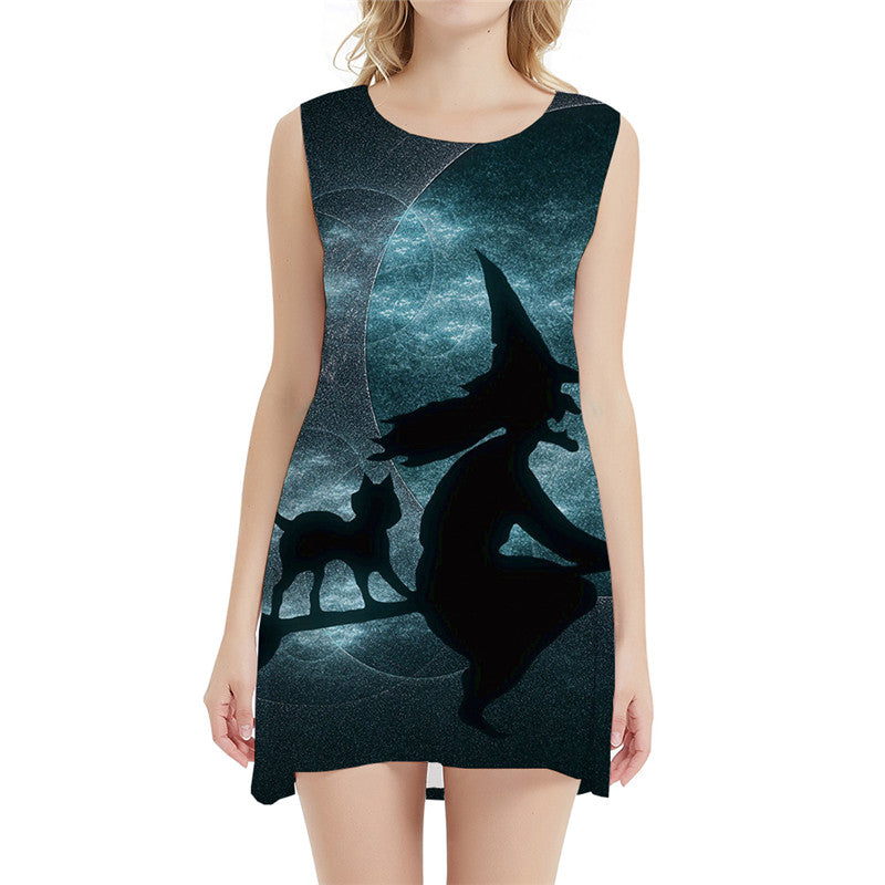 Halloween Dress Women Witch Sexy Magic 3d Print Cat Beach Space Vestido Sexy Womens Clothing Elegant