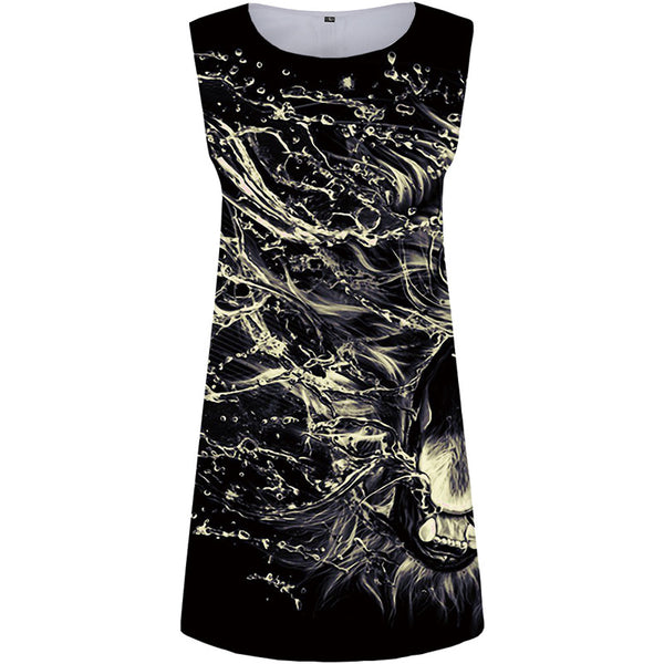 Lion Dresses Women Harajuku Halter Sleeveless Black 3d Print Animal Ladies Dresses Angry Sundress Womens Clothing Plus Size