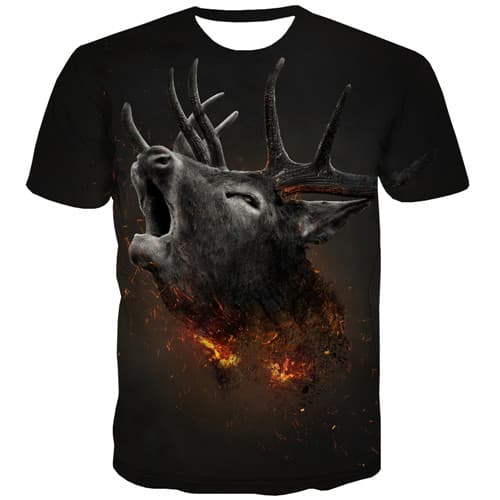 Deer T-shirt Men Elk Tshirts Casual Animal Tshirts Novelty Flame T-shirts Graphic Harajuku Tshirt Anime Short Sleeve Hip hop - KYKU