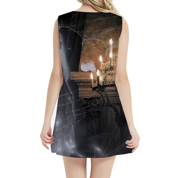 
Halloween Dress Women Skull Short Spider Web Ladies Dresses Horror Vestido Sexy Vintage Office Womens Clothing Summer
                