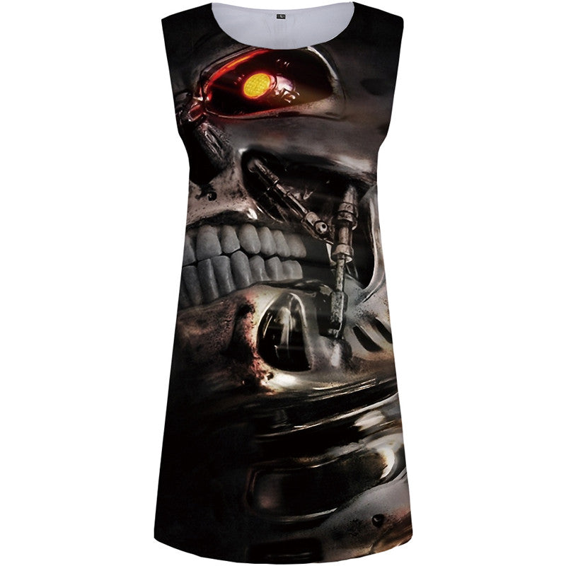 Skull Dress Women Metal Sundress Mechanical Ladies Dresses Motorcycle Boho Gothic Short Womens Clothing Elegant