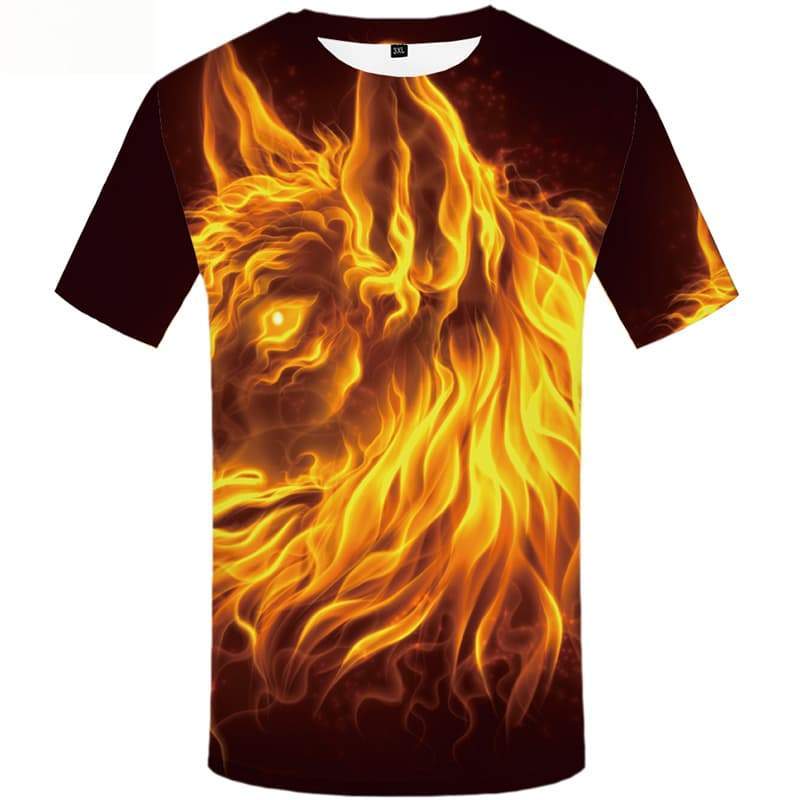 Flame T-shirt Men Wolf Tshirt Printed Animal Shirt Print Short Sleeve T shirts - KYKU