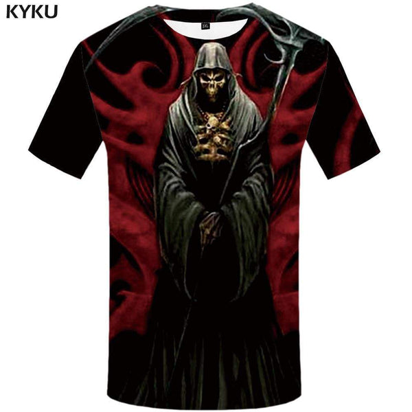 Grim Reaper T shirt Men Skull T shirts Funny Metal T-shirt 3d Flame Tshirts Print Sickle Tshirt Anime Mens Clothing Short Sleeve - KYKU