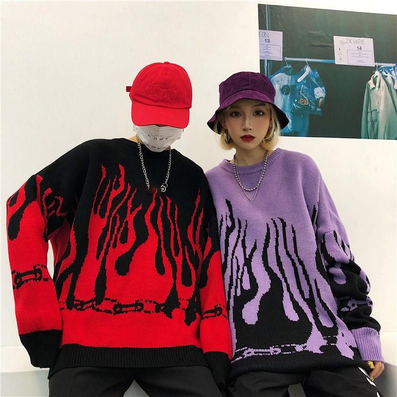 Autumn Winter Harajuku Flame Knitting Batwing Sleeve Sweater Casual Long Women Tide Printed Sweater Loose Boyfriend Pullovers - KYKU