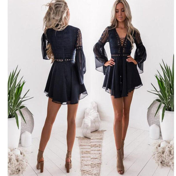 
new Girls White Summer Bohemian Mini Dress Women Fashion Spring Solid White Mini Lace Casual Clothes V-neck Long Sleeve Dresses - KYKU
                