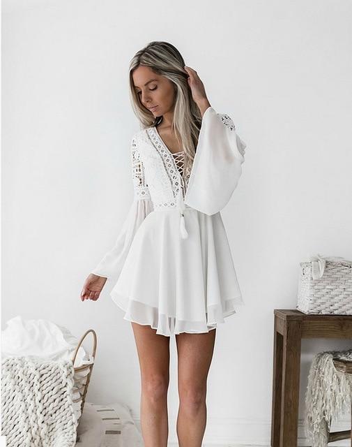 
new Girls White Summer Bohemian Mini Dress Women Fashion Spring Solid White Mini Lace Casual Clothes V-neck Long Sleeve Dresses - KYKU
                