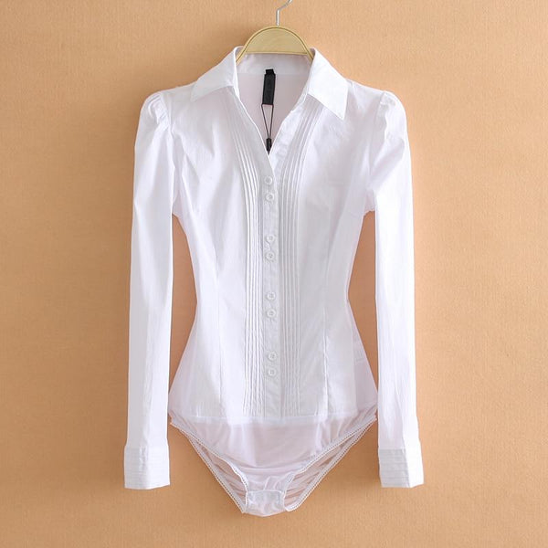 Elegant Bodysuits Women Office Lady White Body Shirt Long Sleeved Blouse Turn Down Collar Tops Female Womens Clothing 2020 - KYKU