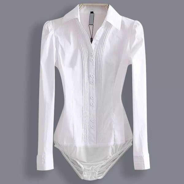 
Elegant Bodysuits Women Office Lady White Body Shirt Long Sleeved Blouse Turn Down Collar Tops Female Womens Clothing 2020 - KYKU
                