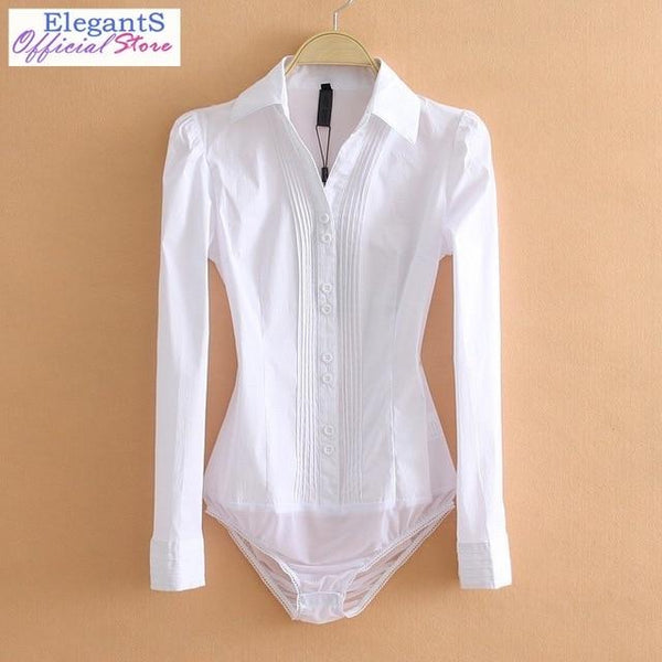 
Elegant Bodysuits Women Office Lady White Body Shirt Long Sleeved Blouse Turn Down Collar Tops Female Womens Clothing 2020 - KYKU
                